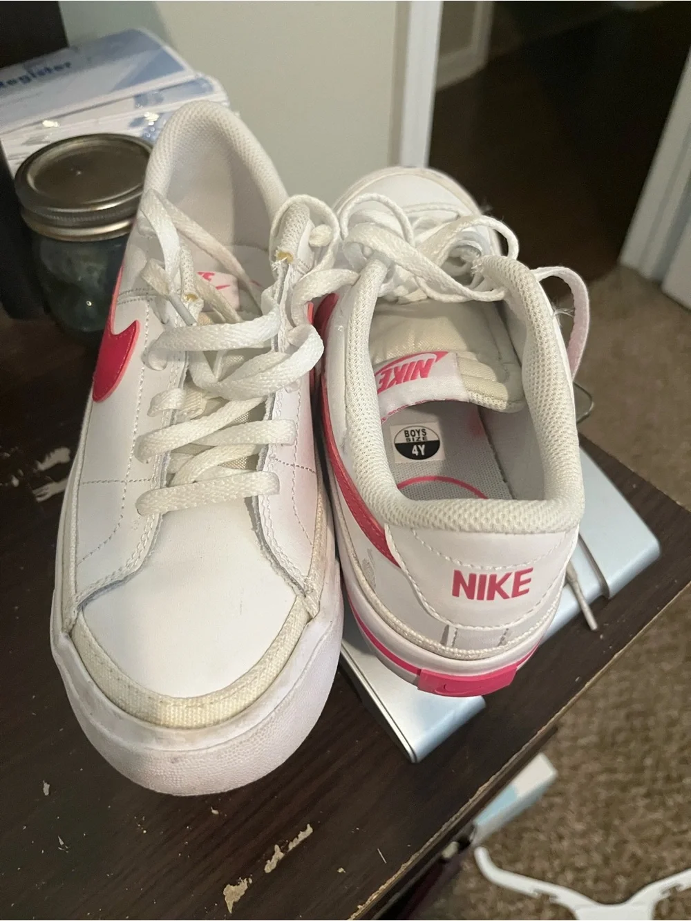 Nike Kids White Sneakers with Hot Pink Swoosh